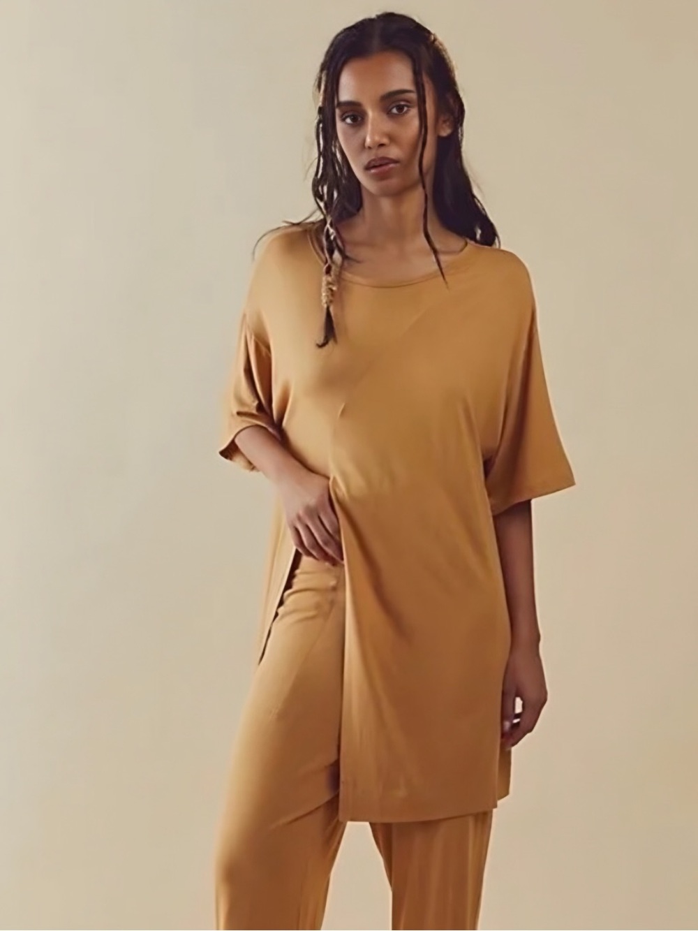 Free People Beach Sun Ray Relaxed Beach Wear Cover Up & Tshirt Dress Tan/Caramel